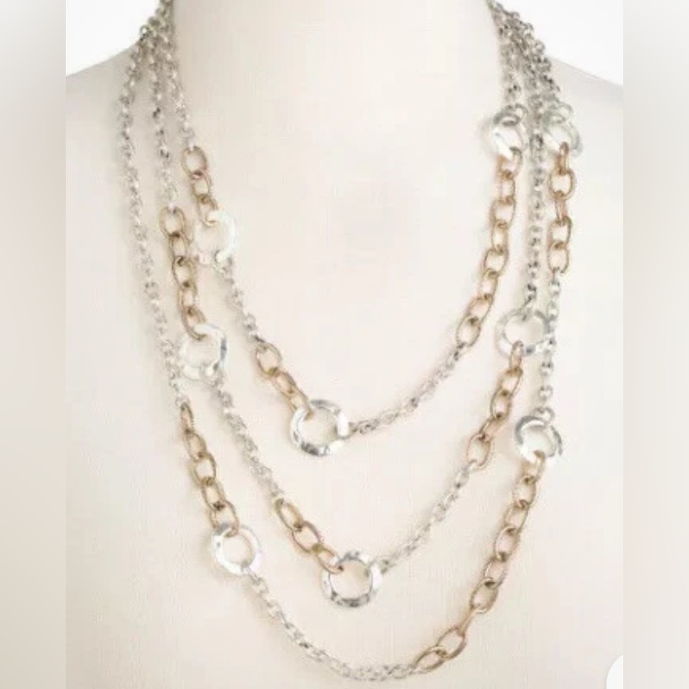 PATRICIA NASH Triple Chain Necklace Hammered Circles & Links Gold Silver Tone